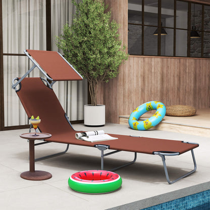 Outdoor Lounge Chair, Adjustable Folding Chaise Lounge, Tanning Chair with Sun Shade for Beach, Camping, Hiking, Backyard, Brown