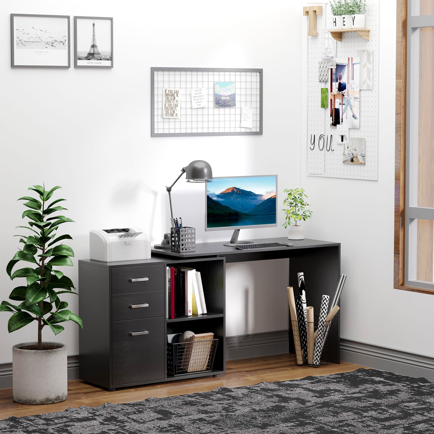 L-Shaped Corner Straight Writing Desk with Storage Shelf, Drawer, Home Office PC Table Computer Workstation, Black
