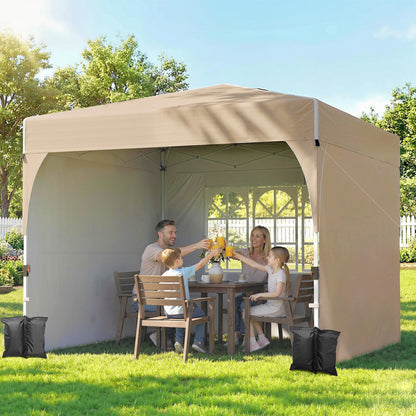 9.6 x 9.6 ft Pop Up Canopy Tent with 3 Sidewalls, UPF 50+ 1-Button Push Easy Setup Outdoor Instant Canopy, Khaki