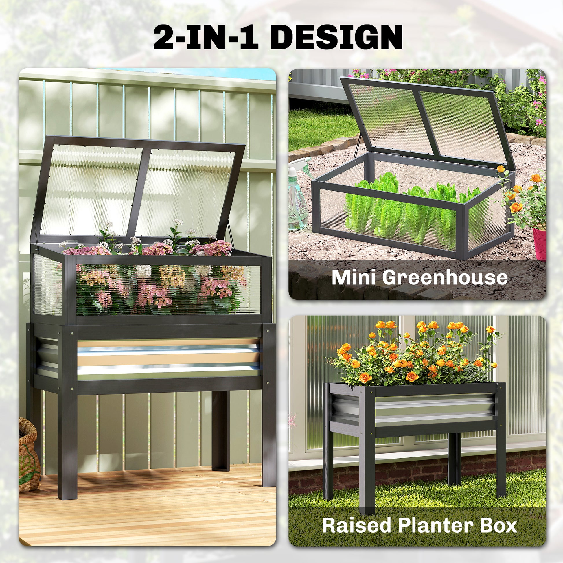 Raised Garden Bed with Flip-Up Greenhouse Top, Wooden Elevated Planter Box with Legs and Liner, Grey