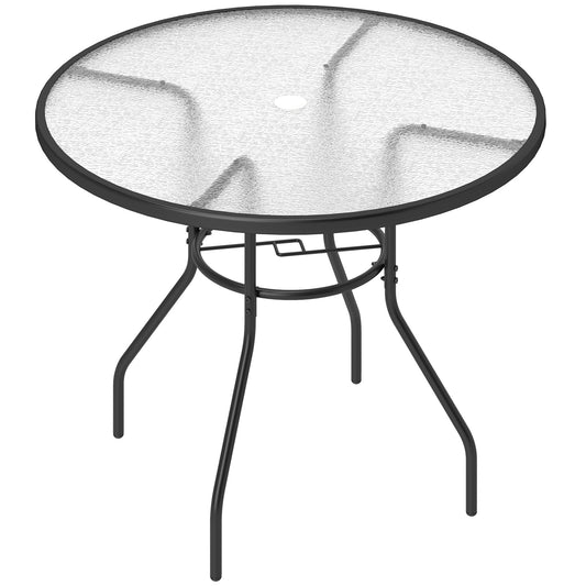 39.4" Round Outdoor Dining Table Coffee Side Bistro Table with Umbrella Hole, Glass Top, Steel Frame for Garden, Patio