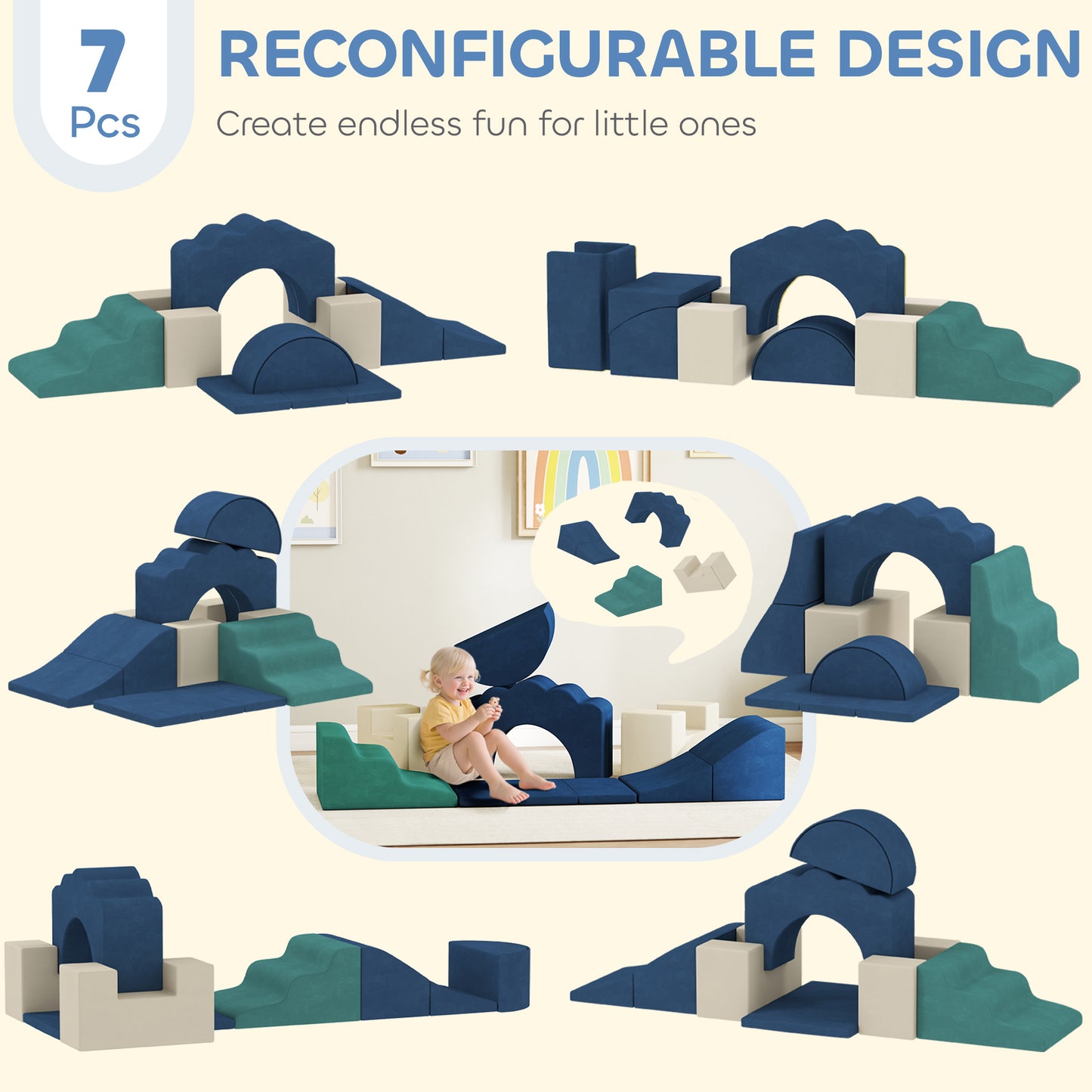Qaba 7-Piece Baby Soft Play Set, Indoor Soft Play Gym Activity Play Set for Crawling, Sliding and Playing, Navy Blue