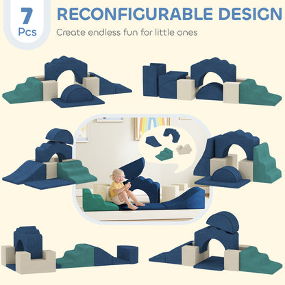 Qaba 7-Piece Baby Soft Play Set, Indoor Soft Play Gym Activity Play Set for Crawling, Sliding and Playing, Navy Blue
