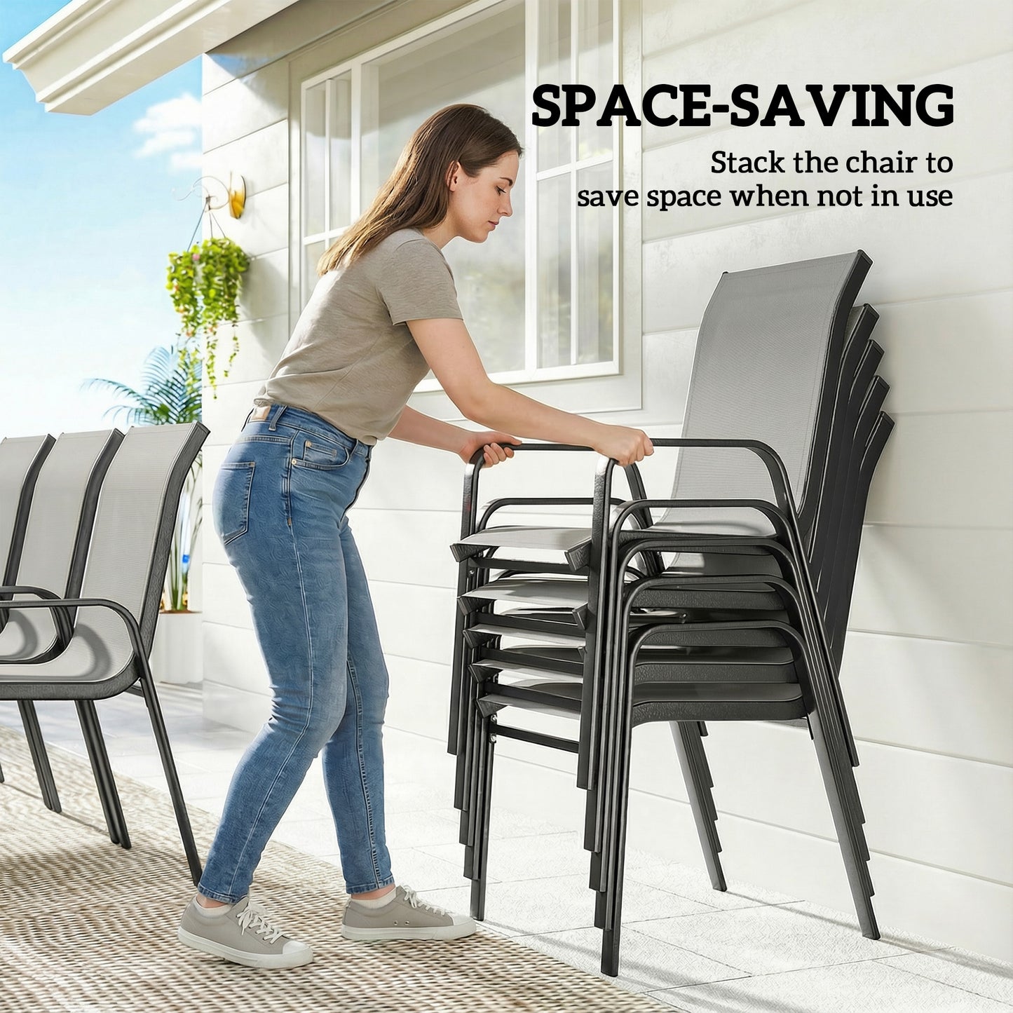 9 Pieces Patio Set with Stackable Chairs, Patio Dining Set with Glass Top for Garden, Patio, Backyard, Light Grey
