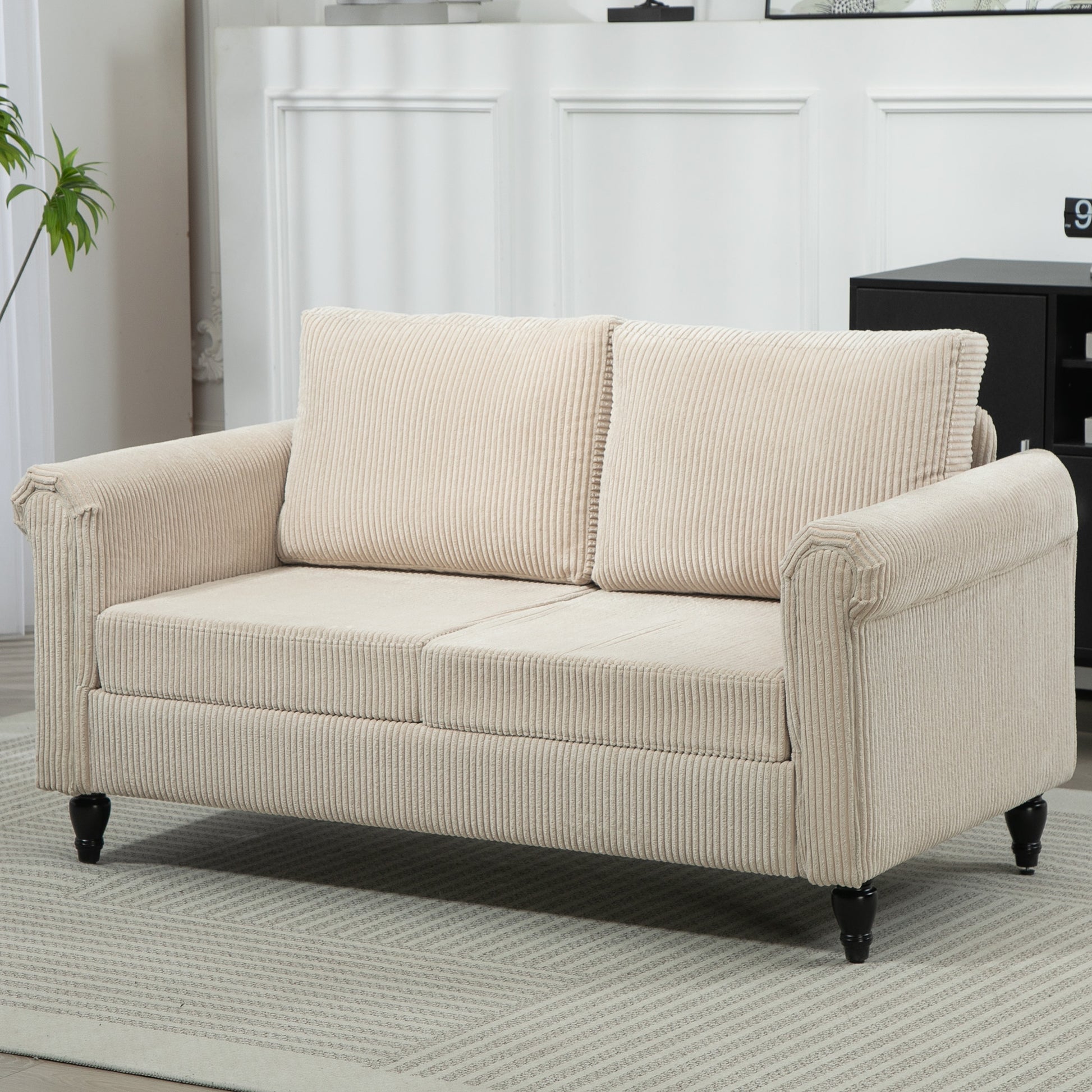 Vintage Loveseat, Upholstered Love Seat Furniture, Fabric 2 Seater Sofa with Rolled Arms, Rubber Wood Legs, Beige