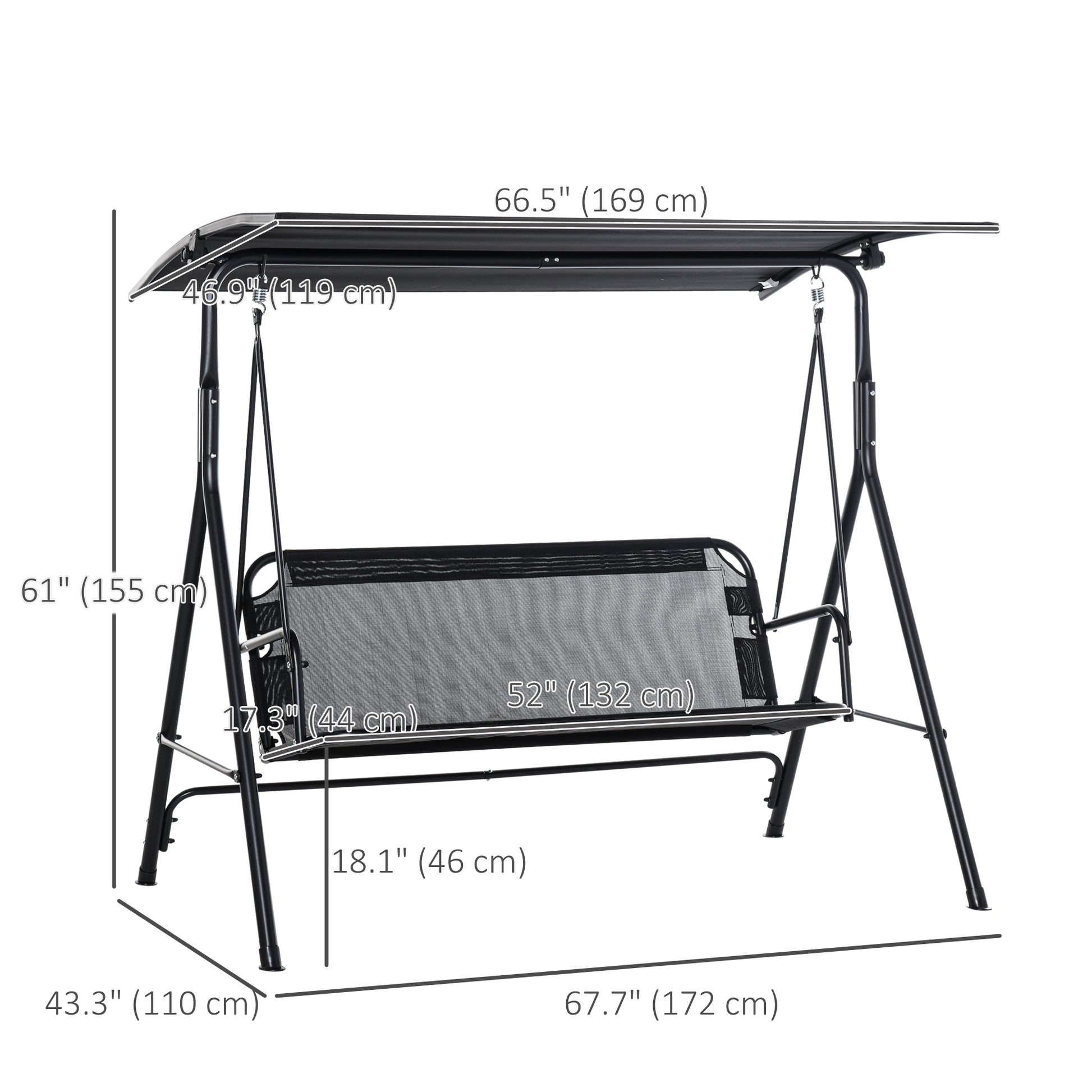2-Person Porch Swing Chair, 2 Seater Patio Swing Bench w/ Adjustable Canopy, Breathable Seat for Garden, Poolside, Black