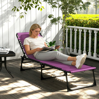 Outdoor Folding Lounge Chair, 4-Level Adjustable Chaise Lounge with Headrest, Tanning Chair Beach Bed, Reclining Lounger Cot for Camping, Hiking, Backyard, Purple