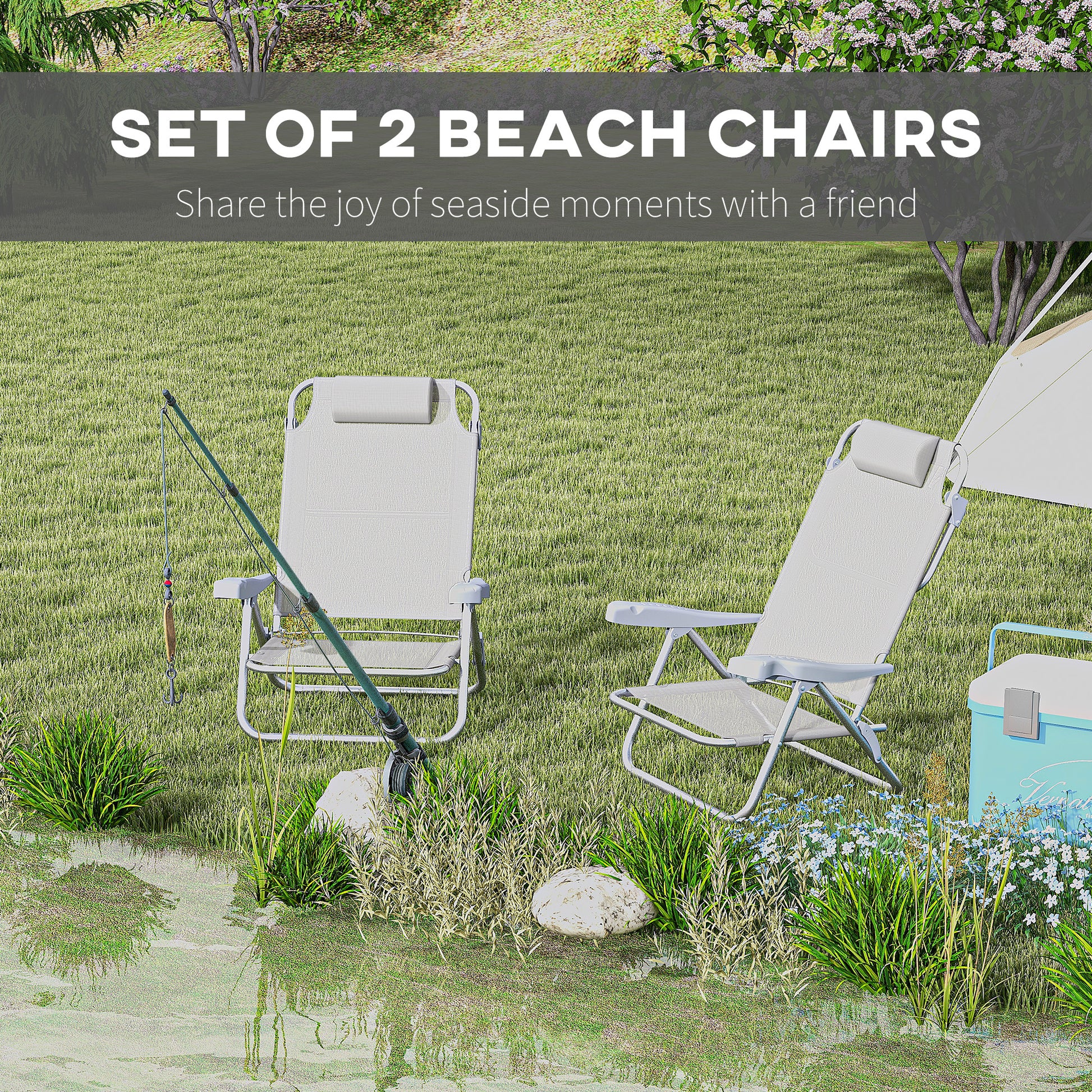 Set of 2 Camping Chairs, Beach Chairs with Adjustable Backrest and Headrest, Folding Chair for Outdoor, Light Grey