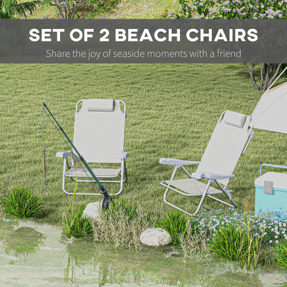 Set of 2 Camping Chairs, Beach Chairs with Adjustable Backrest and Headrest, Folding Chair for Outdoor, Light Grey