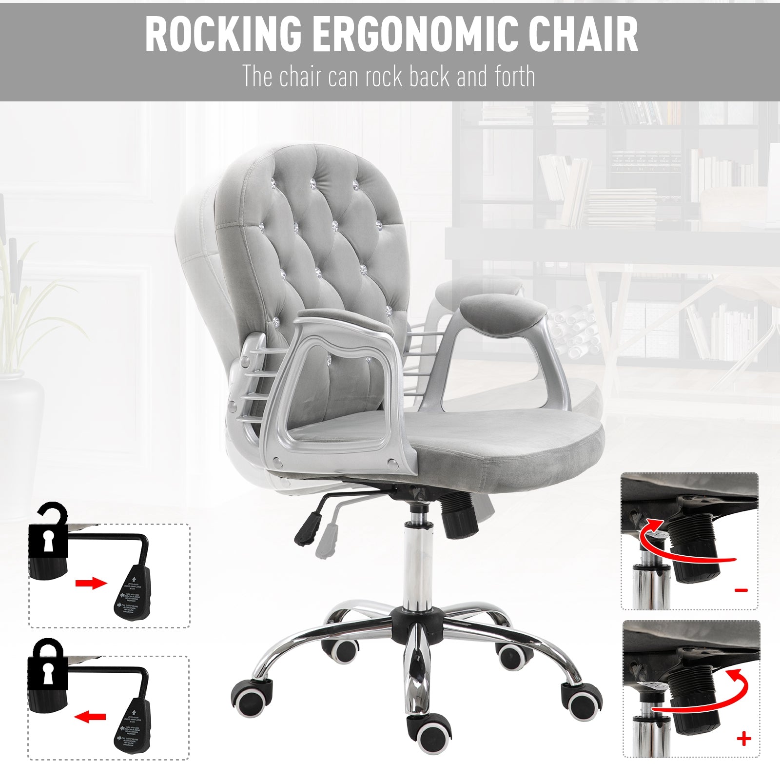 Office Chair, Comfortable Computer Desk Chair with Padded Seat and Adjustable Height, Tufted Back, Grey