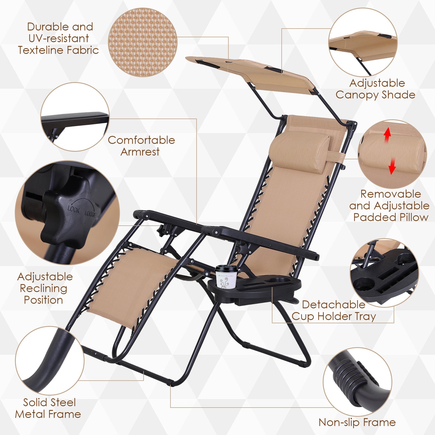 2 Piece Foldable Lounge Chair with Canopy Shade, Outdoor Zero Gravity Chair with Side Tray & Cup Holder, Reclining Lounger with Breathable Mesh Fabric Seat, Pillow, Beige