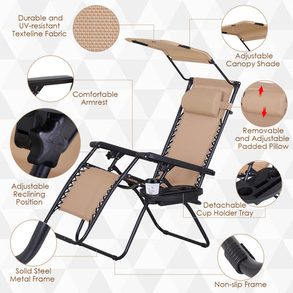 2 Piece Foldable Lounge Chair with Canopy Shade, Outdoor Zero Gravity Chair with Side Tray & Cup Holder, Reclining Lounger with Breathable Mesh Fabric Seat, Pillow, Beige