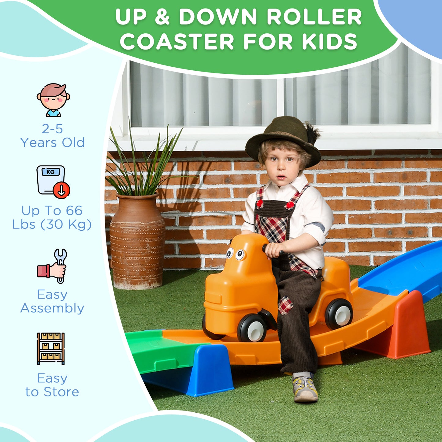 Qaba 9.8 ft Up and Down Roller Coaster for Kids, Thrill 4 Pieces Toddler Roller Coaster Ride on Toy with Side Steps, Sliding Car with Handles, for 2-5 Years Old