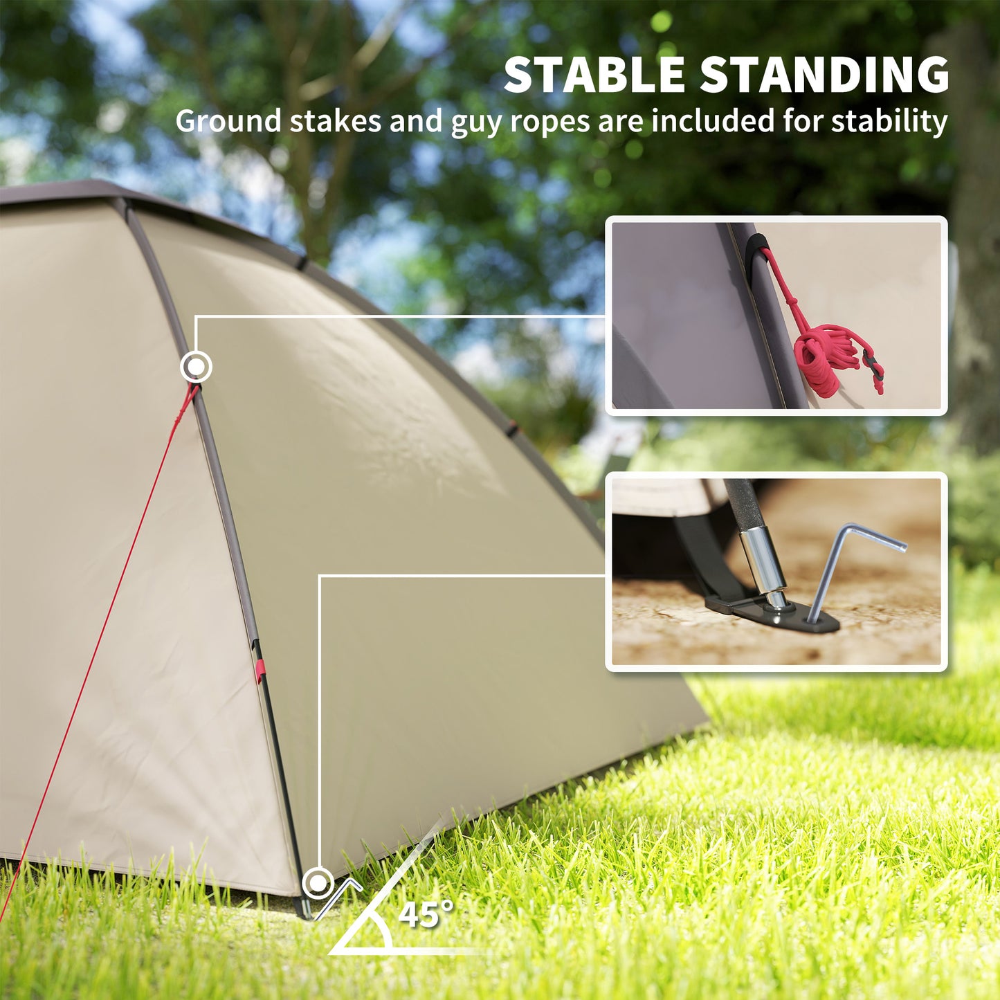 2 Person Camping Tent, Waterproof Family Dome Tent with Bedroom, Porch, Sewn-in Groundsheet and Hook, Khaki