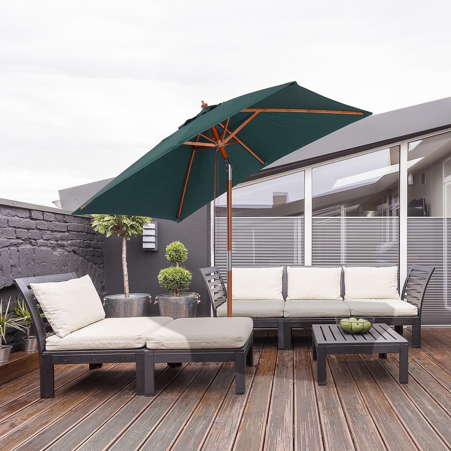 6.6x5ft Square Market Parasol, Wooden Patio Umbrella with Tilt Mechanism and 6 Bamboo Ribs, Garden Sunshade, Green