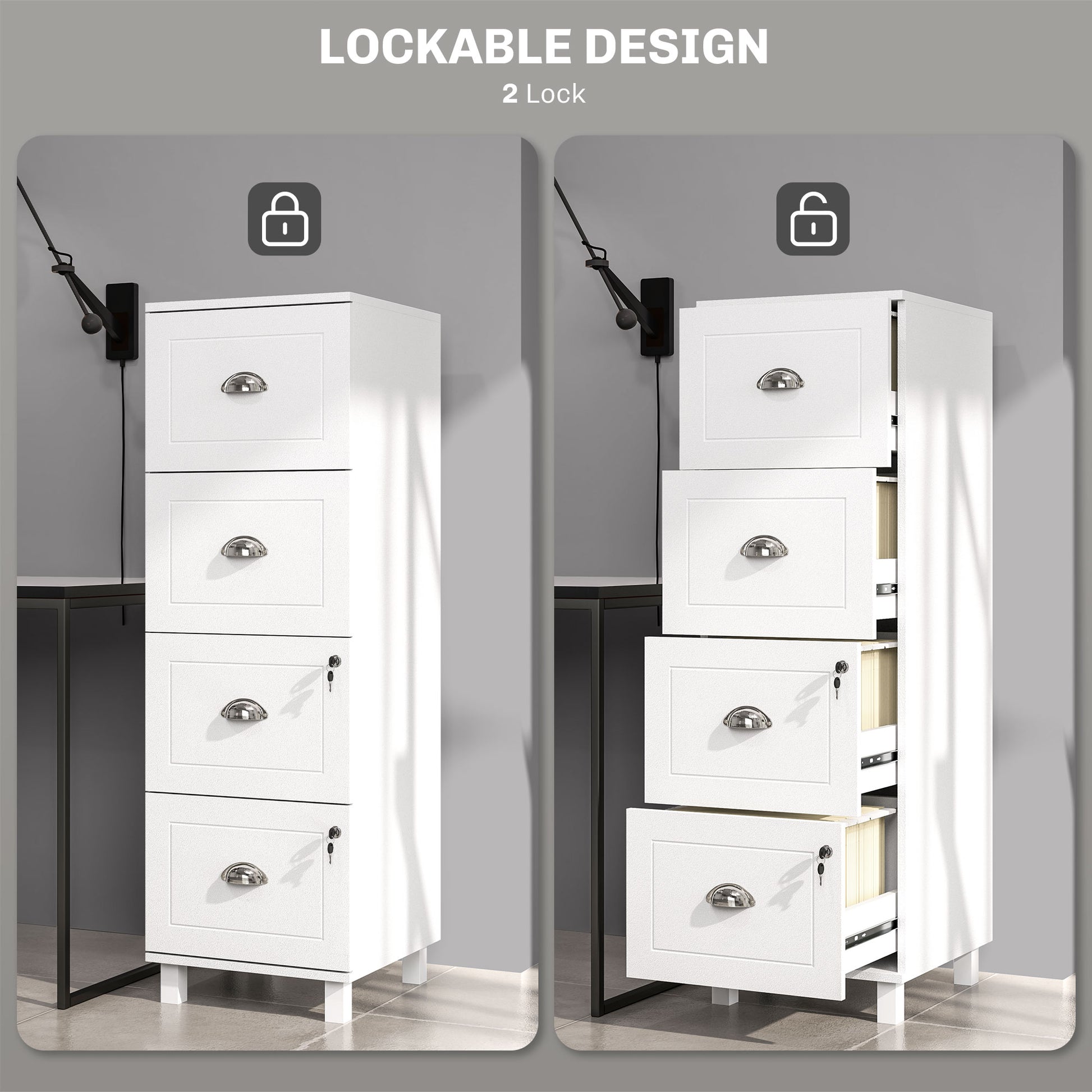 4 Drawer File Cabinet with Lock, Office Filing Cabinet, A4 Letter Size, Hanging File Folders, White