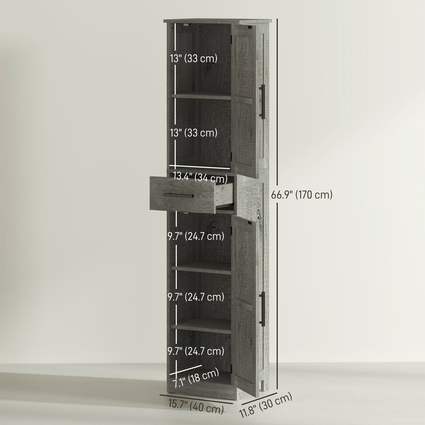 67" Tall Bathroom Cabinet, Narrow Bathroom Storage Cabinet with Drawer, Barn Doors and Adjustable Shelves, Dark Grey