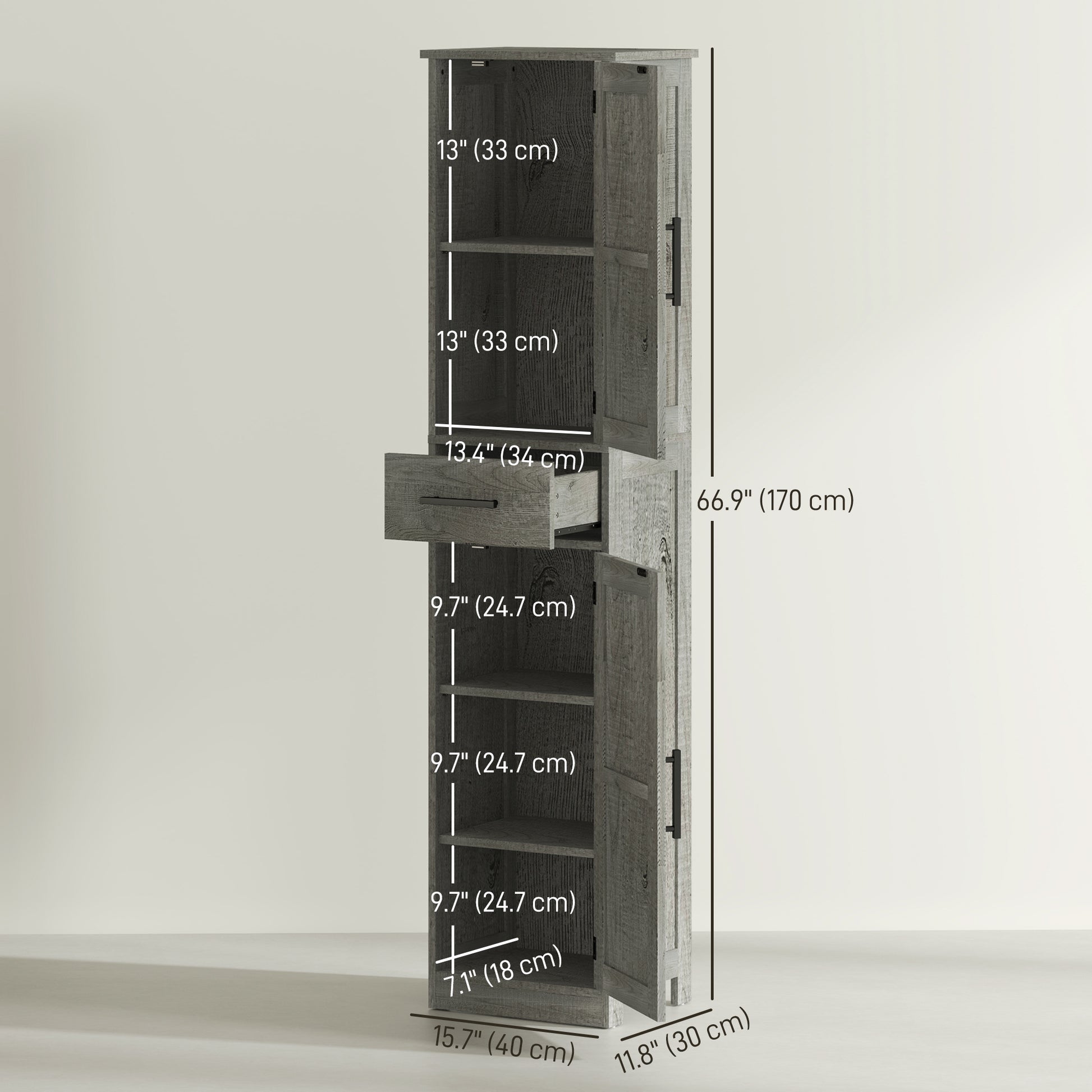 67" Tall Bathroom Cabinet, Narrow Bathroom Storage Cabinet with Drawer, Barn Doors and Adjustable Shelves, Dark Grey