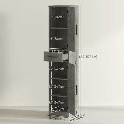 67" Tall Bathroom Cabinet, Narrow Bathroom Storage Cabinet with Drawer, Barn Doors and Adjustable Shelves, Dark Grey