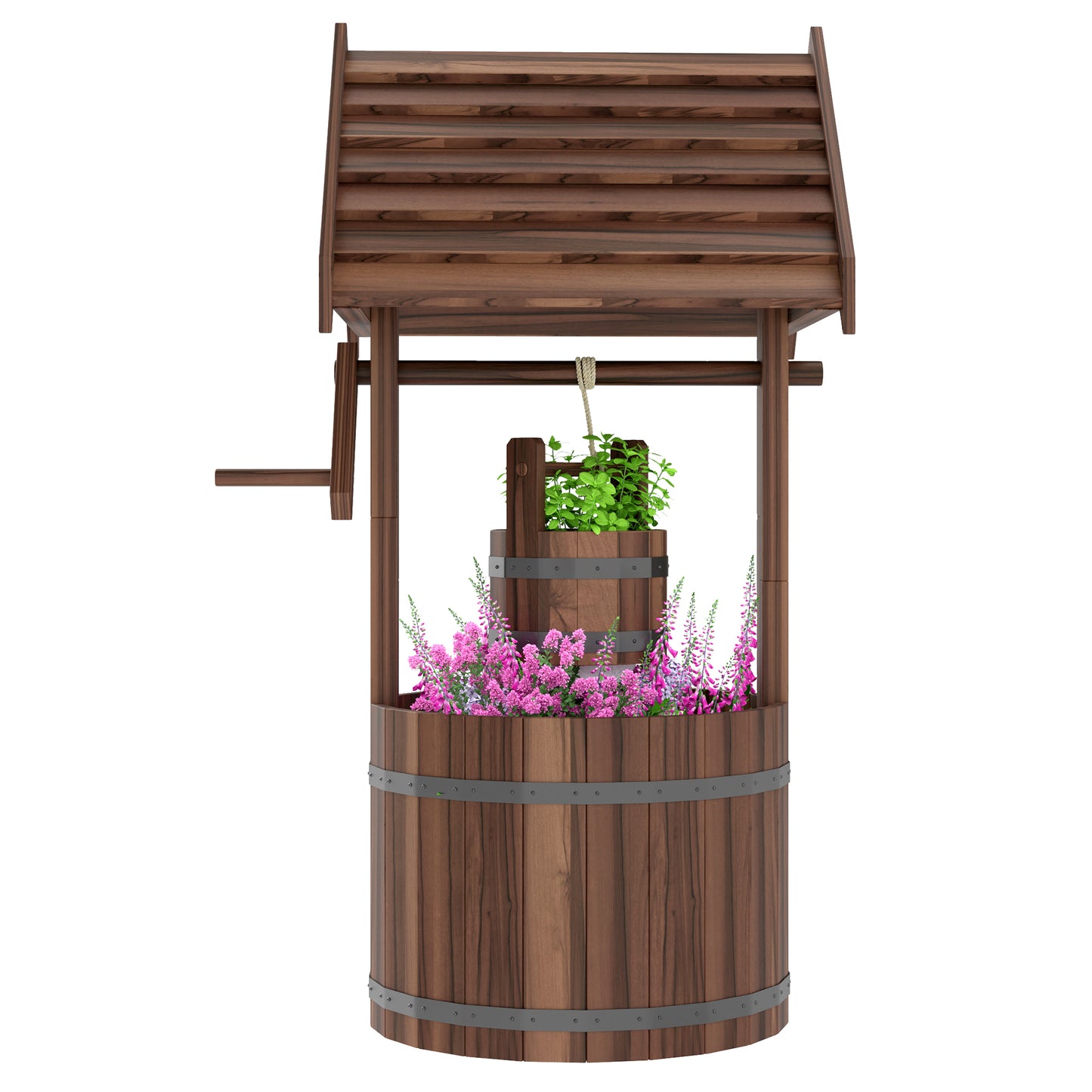 Wood Wishing Well Outdoor Wooden Planter with Hanging Bucket and Drainage Hole for Garden, Patio, Backyard, Tan