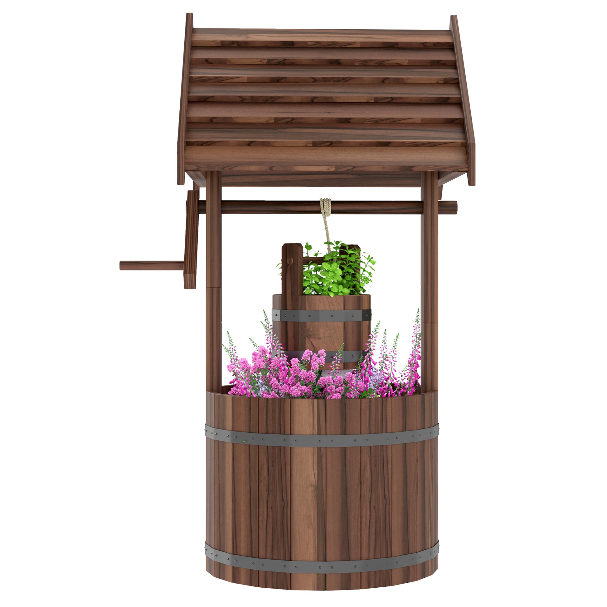 Wood Wishing Well Outdoor Wooden Planter with Hanging Bucket and Drainage Hole for Garden, Patio, Backyard, Tan