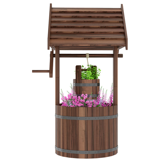 Wood Wishing Well Outdoor Wooden Planter with Hanging Bucket and Drainage Hole for Garden, Patio, Backyard, Tan