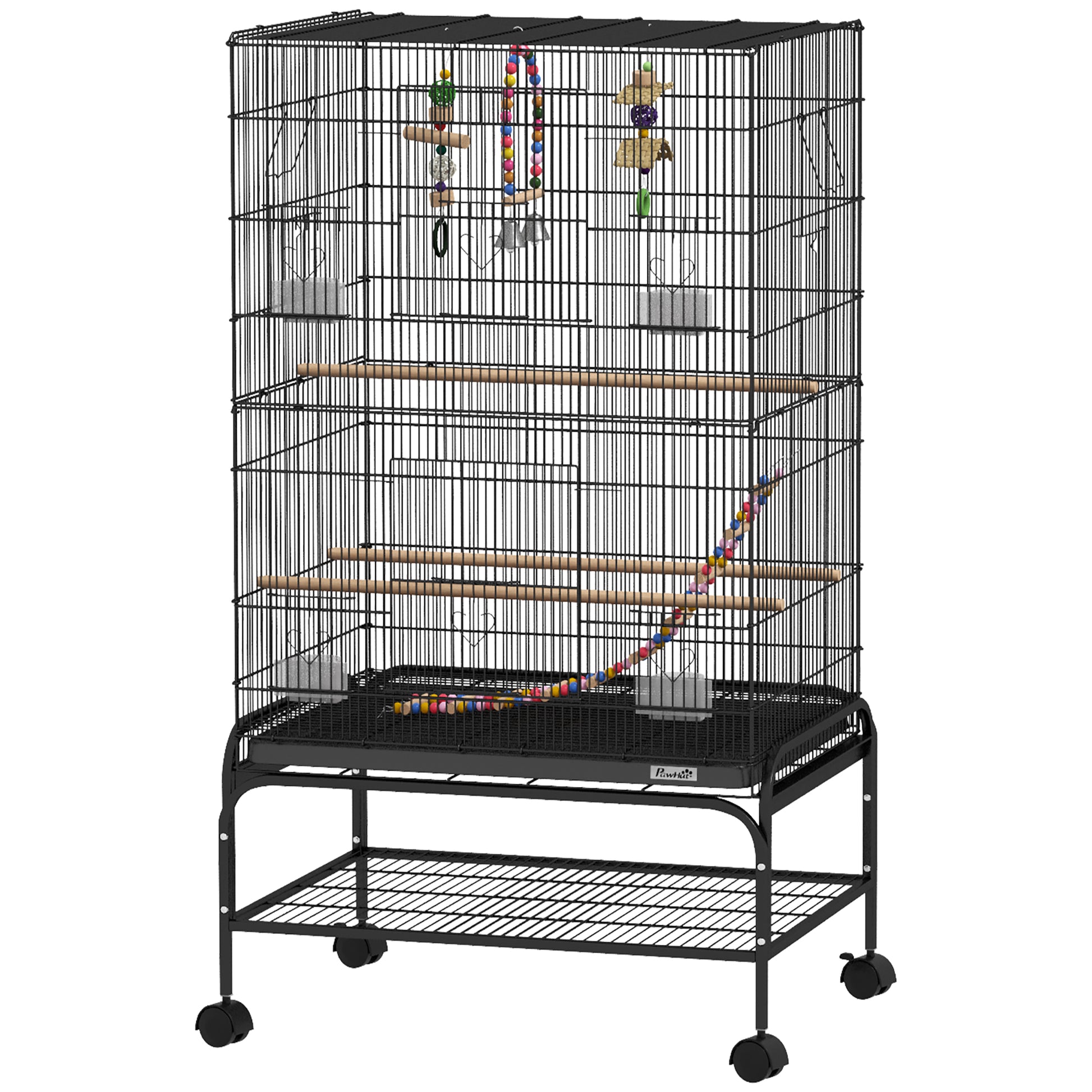 43" Bird Cage with Rolling Stand, Toys, for Budgies Canaries Black