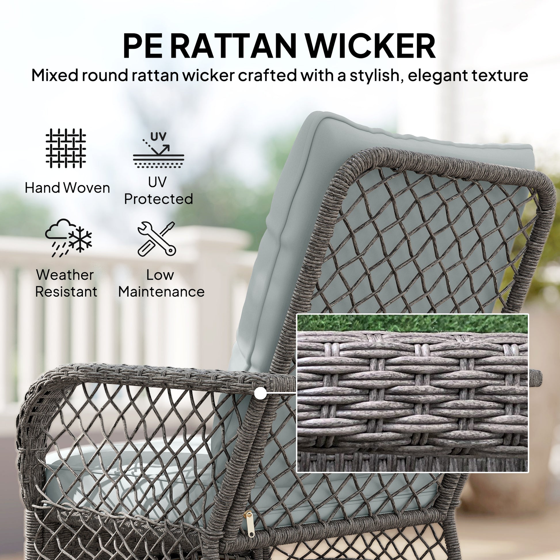 Rocking Bistro Set, 3 Piece Wicker Patio Furniture with High Back Rocking Chairs and 2-Tier Glass Table, Light Grey