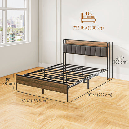 Queen Size Bed Frame with Charging Station, Queen Bed Frame with Upholstered Headboard and Storage Shelf, Walnut