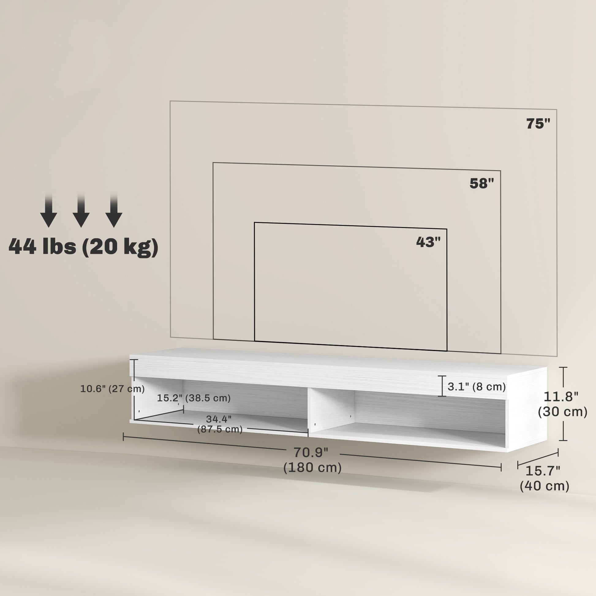 Modern Wall Mounted TV Stand with Storage and LED Lights for TVs up to 75", Floating TV Shelf for Living Room, White