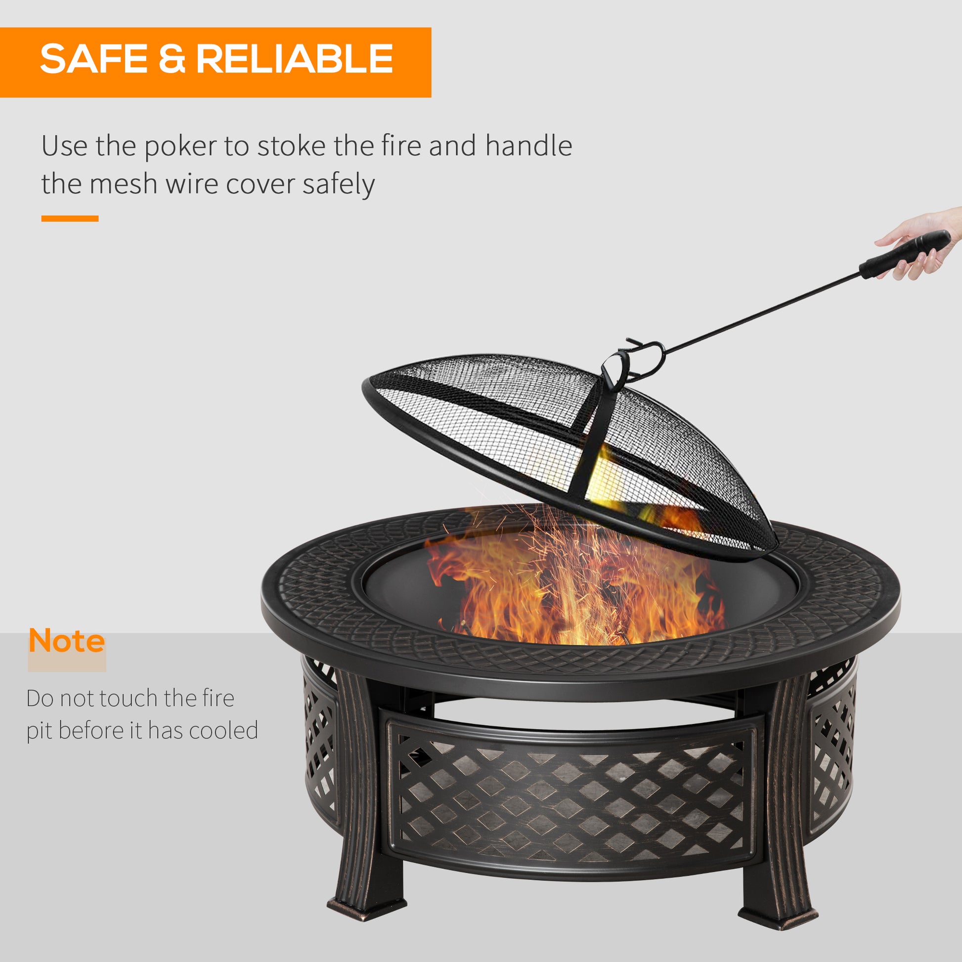 Outdoor Fire Pit, Firepit with Grill Net, Mesh Lid, Poker, for Camping, Bonfire, Picnic, Bronze
