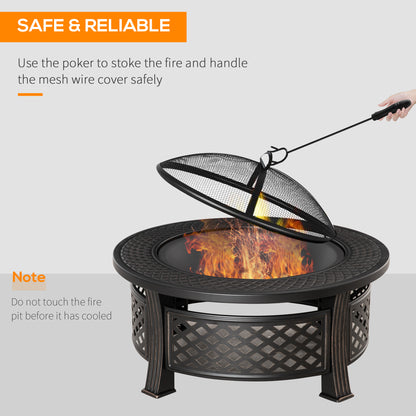 Outdoor Fire Pit, Firepit with Grill Net, Mesh Lid, Poker, for Camping, Bonfire, Picnic, Bronze