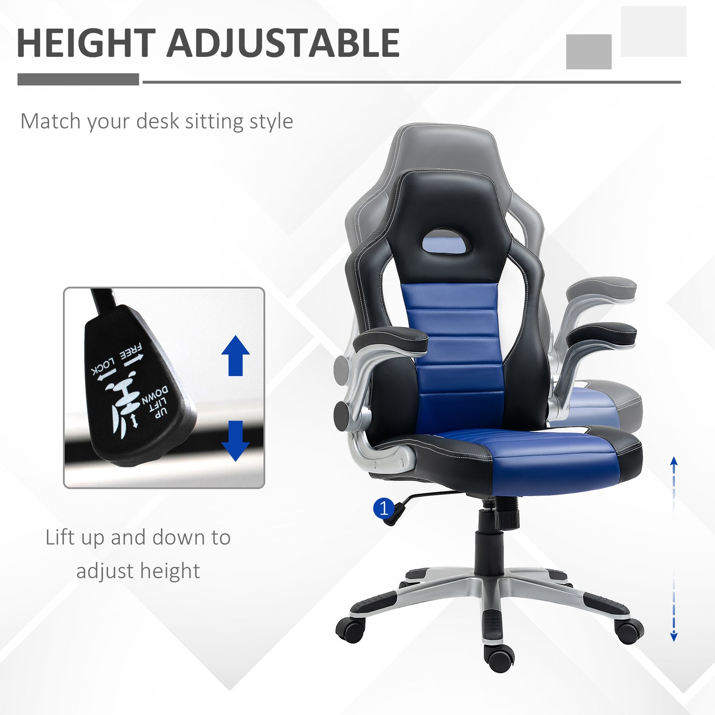 Racing Gaming Chair PU Leather Office Chair Executive Computer Desk Chair with Adjustable Height, Flip Up Armrest, Swivel Wheels, Blue