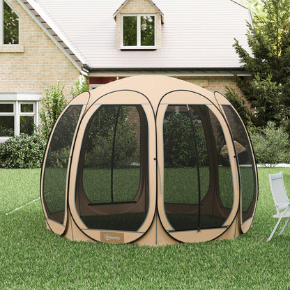 11' x 11.5' Screen Tent, Pop Up Camping Gazebo with Portable Carry Bag and 2 Doors, Beige