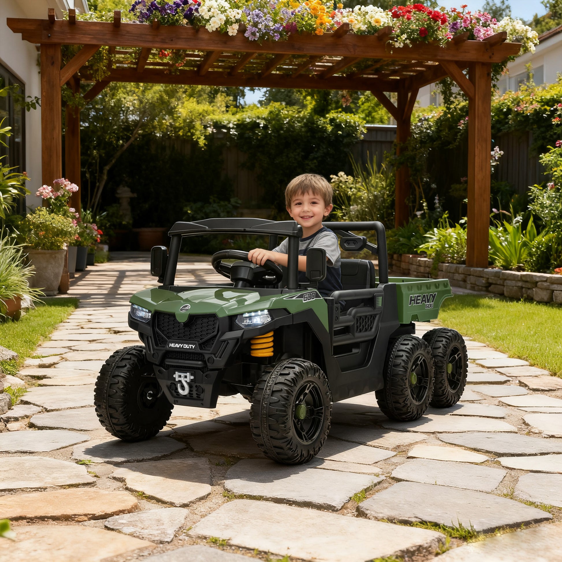 Qaba 24V 4WD Kids Ride On Truck with 6 Wheels Electric Ride On Car with Remote, Dump Bed for 3-8 Years, Green