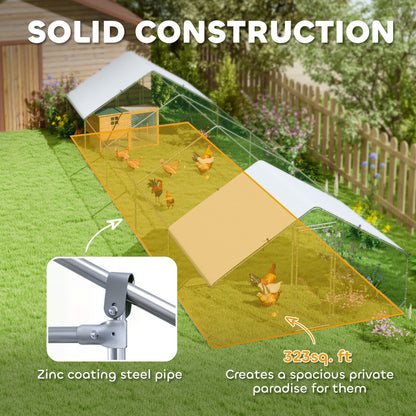Metal Chicken Coop with Water- and UV-Protection Cover for Backyard Hen, Duck, Rabbit, 9.8' x 32.8' x 6.4'