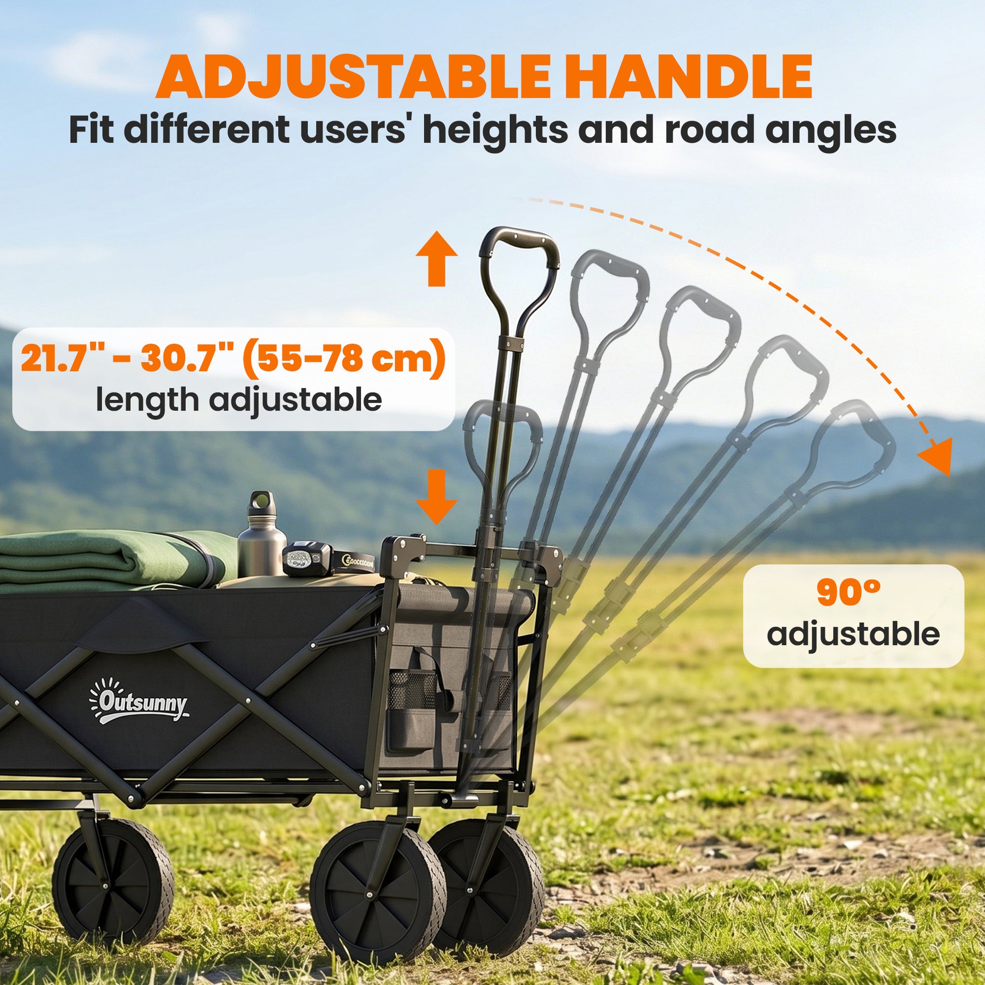Steel Frame Folding Garden Cart, Collapsible Wagon Cart with Removable Canopy, Telescopic Handle and Carrying Bag
