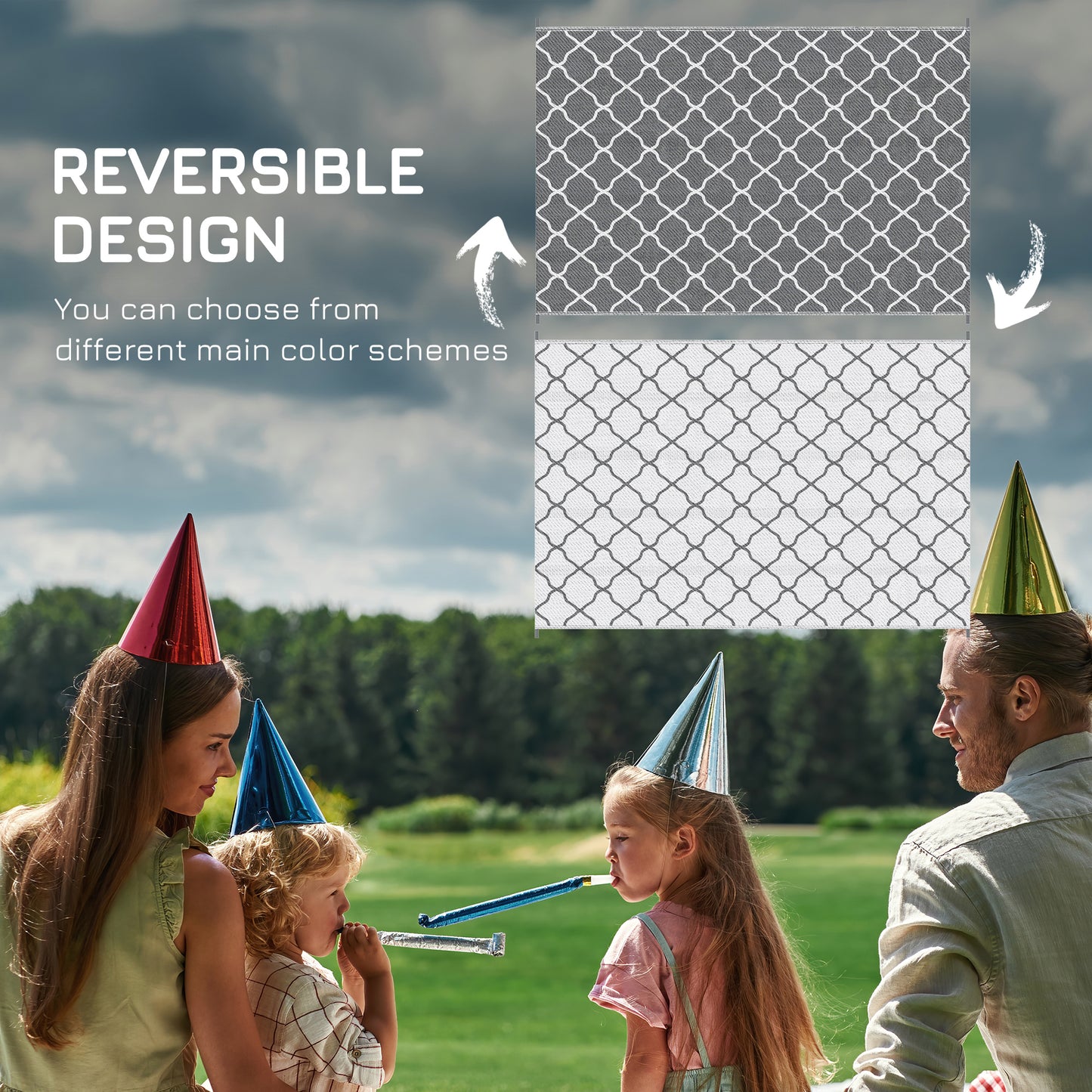 Waterproof Outdoor Rug, 6' x 9' RV Rug Reversible Mat for Backyard, Deck, Picnic, Beach, Camping, Grey & White Net