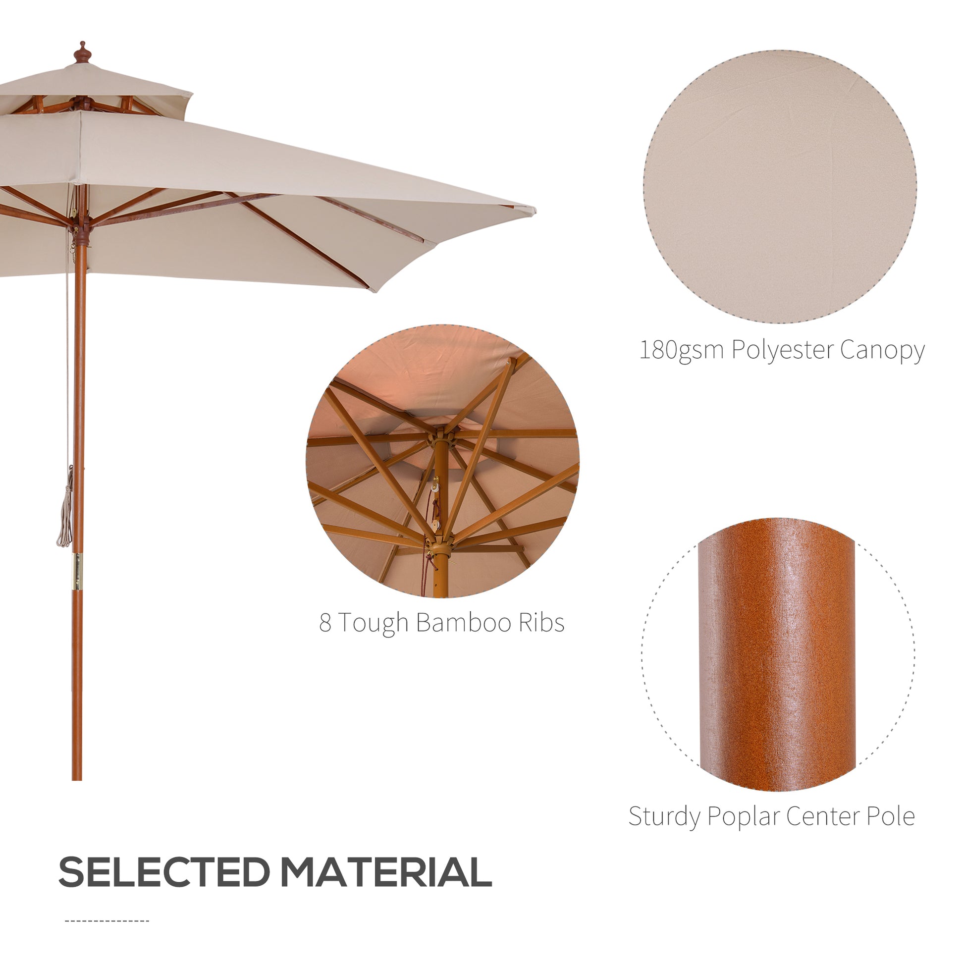 10x10ft Wood Square Patio Umbrella Garden Market Parasol Sunshade Canopy with 2 Pulley Pagoda Style, Khaki