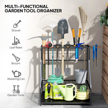 3-Tier Yard Tool Tower Rack, Garden Tool Organizer with Hooks for Long-Handled Rakes, Shovel, Broom, Orange
