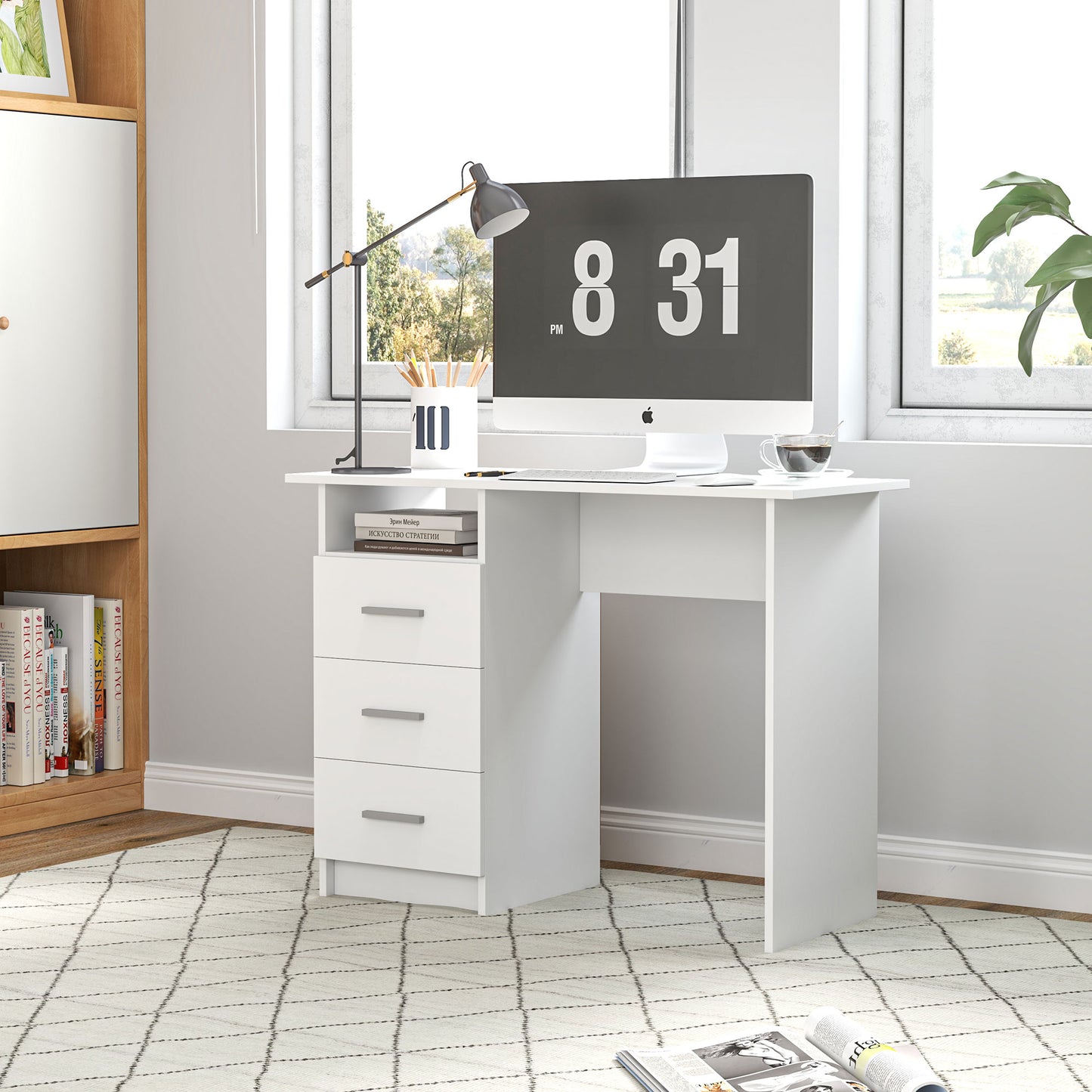 Computer Desk with Storage, 39" Home Office Desk with 3 Drawers nad Open Shelf, Writing Table for Bedroom, White