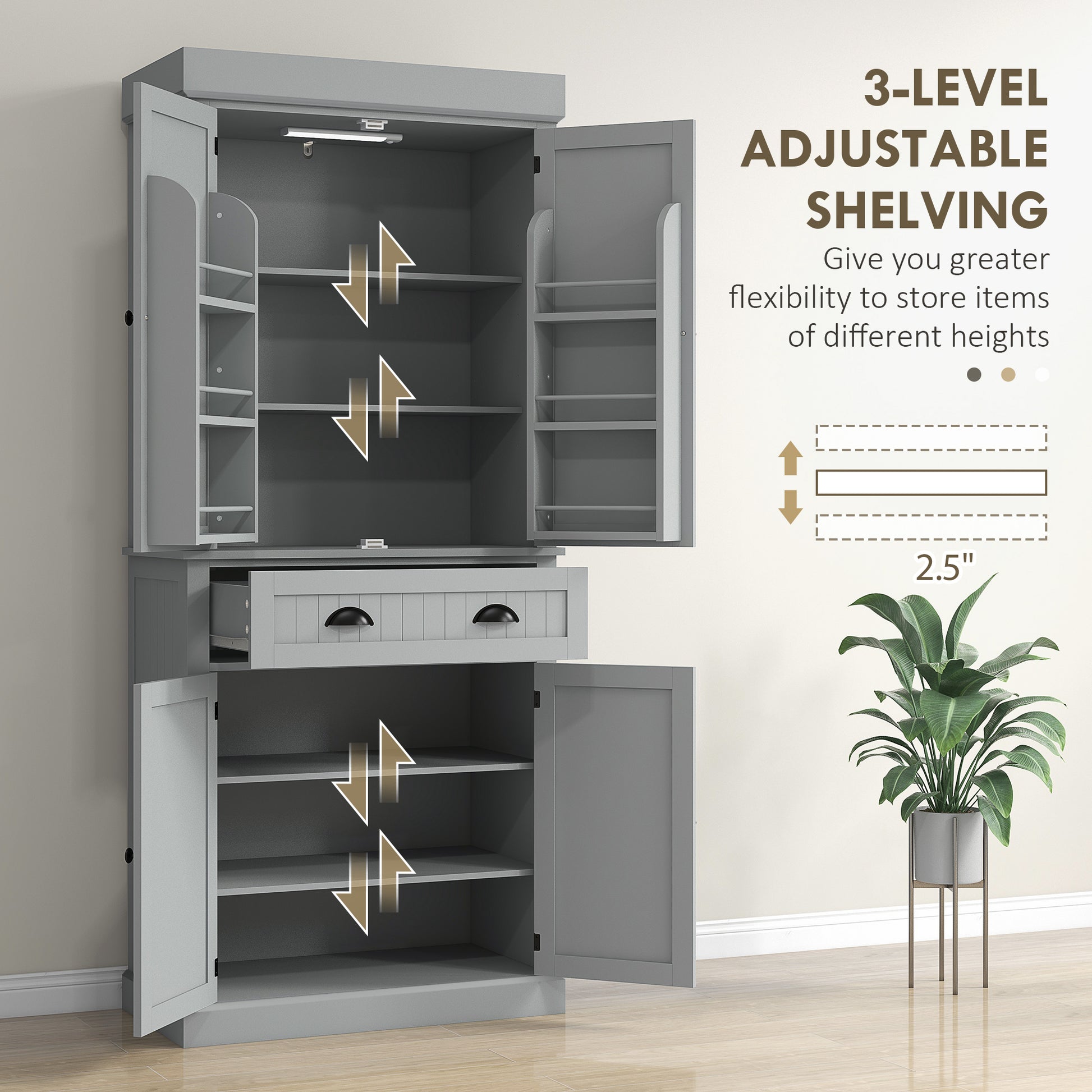 71" Kitchen Pantry Cabinet with LED Lights, 6 Spice Racks, a Drawer and 4 Adjustable Shelves, Grey