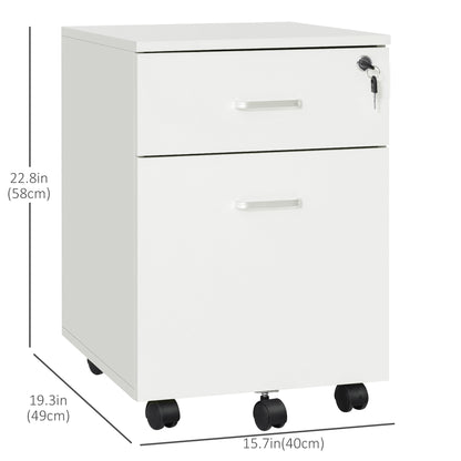 2 Drawer File Cabinet with Lock and Keys, Mobile Vertical Filing Cabinet with Wheels and Drawers, Home Office Cabinet, White