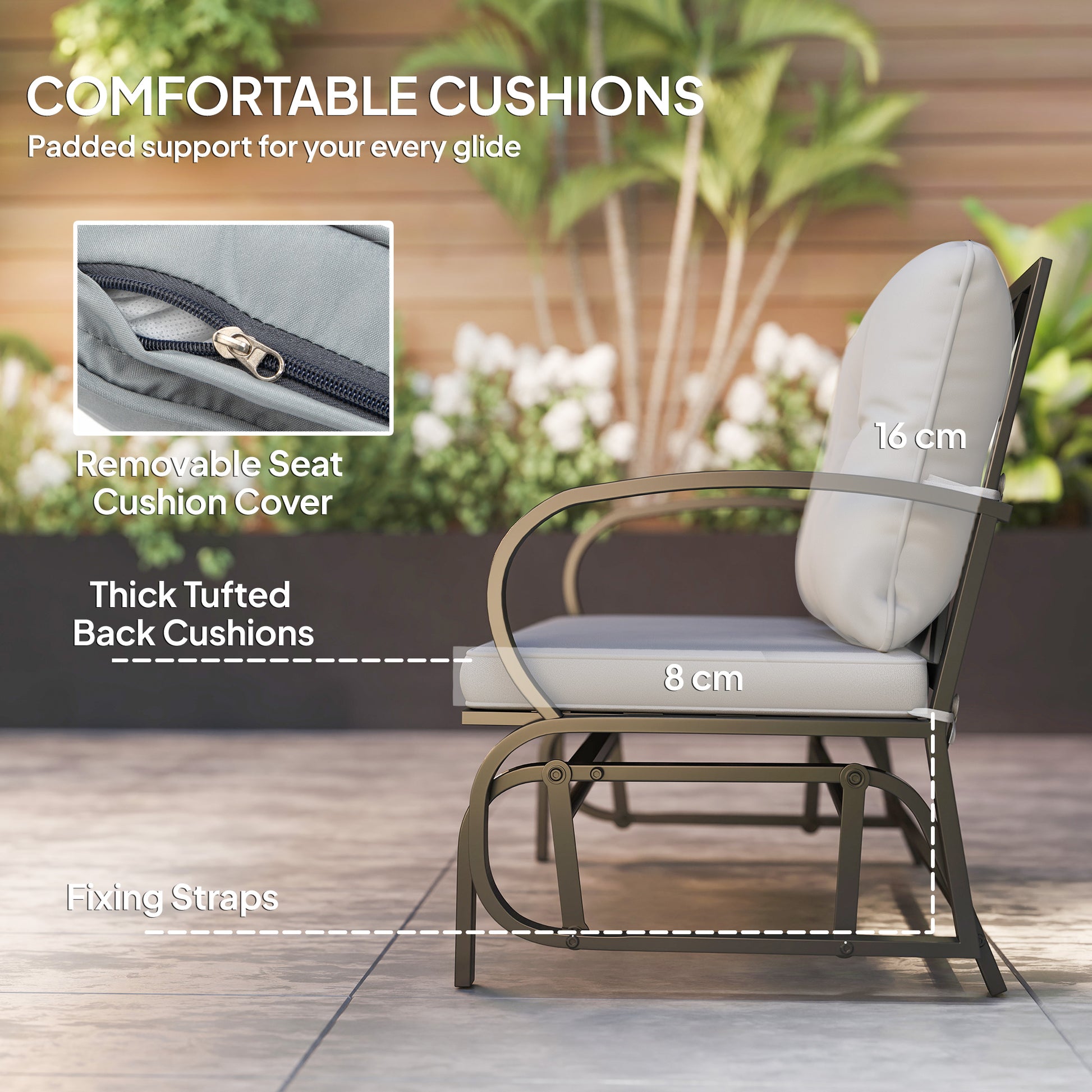 2-Person Outdoor Glider Chair, Patio Double Rocking Loveseat with Steel Frame and Cushions for Backyard, Garden and Porch, Grey