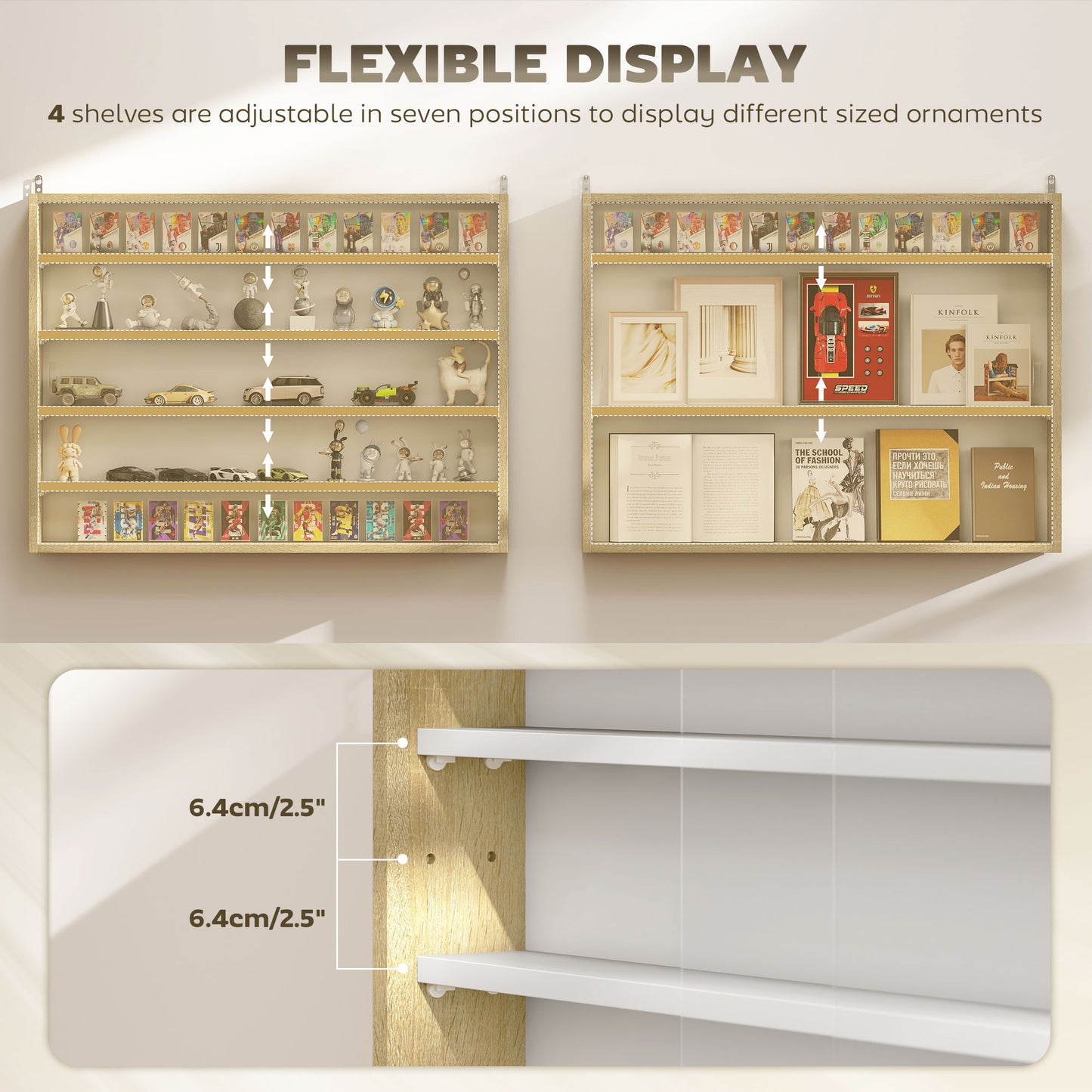 5-Tier Display Cabinet, Shot Glass Display Case, Glass Curio Cabinet with 2 Glass Doors and 4 Adjustable Shelves, Oak