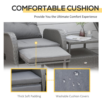 3 Pieces Patio Wicker Bistro Set, PE Rattan Coffee Table & Adjustable Recline Chairs Furniture Set with Cushions and Wood Grain Plastic Top, Grey