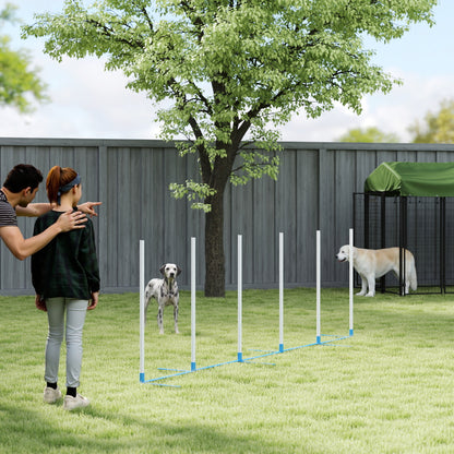 Adjustable Dog Agility Training Obstacle Set with Weaves Poles and Storage Bag for Pet Dogs Outdoor Games Exercise Blue and White