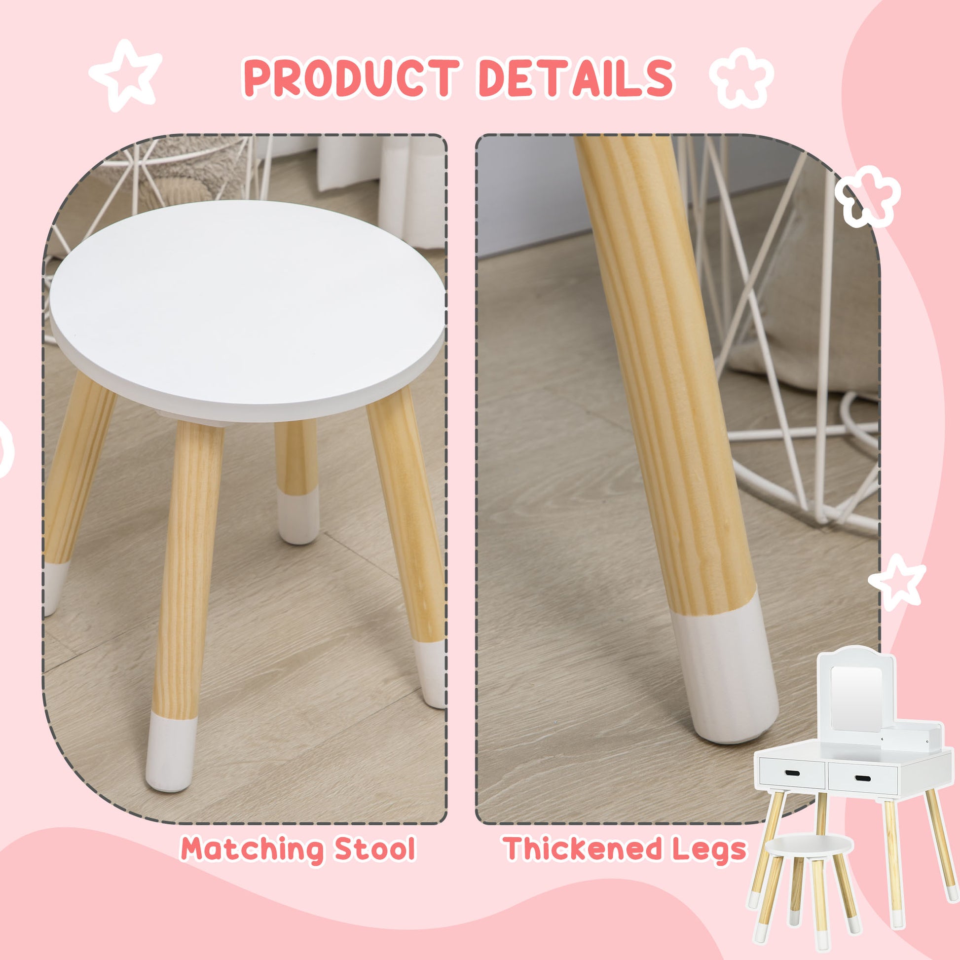 Qaba Kids Vanity Set with Mirror and Stool, Makeup Dressing Table with Drawers for Children Aged 3-6 Years, White