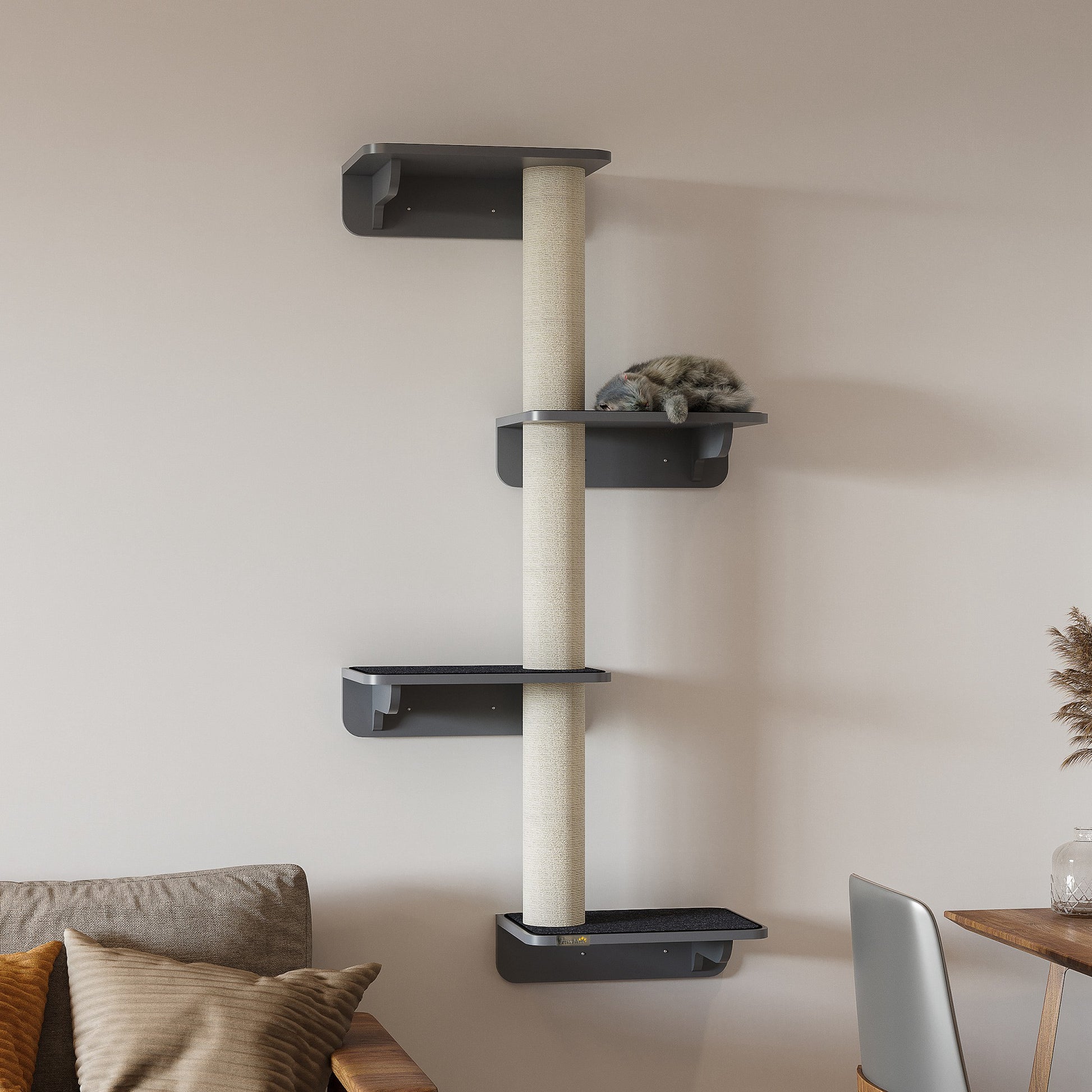 Wall-Mounted Cat Shelf with 4 Platforms and 3 Scratching Posts, Cat Wall Climber for Climbing and Lounging, Light Grey
