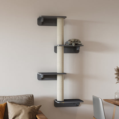 Wall-Mounted Cat Shelf with 4 Platforms and 3 Scratching Posts, Cat Wall Climber for Climbing and Lounging, Light Grey